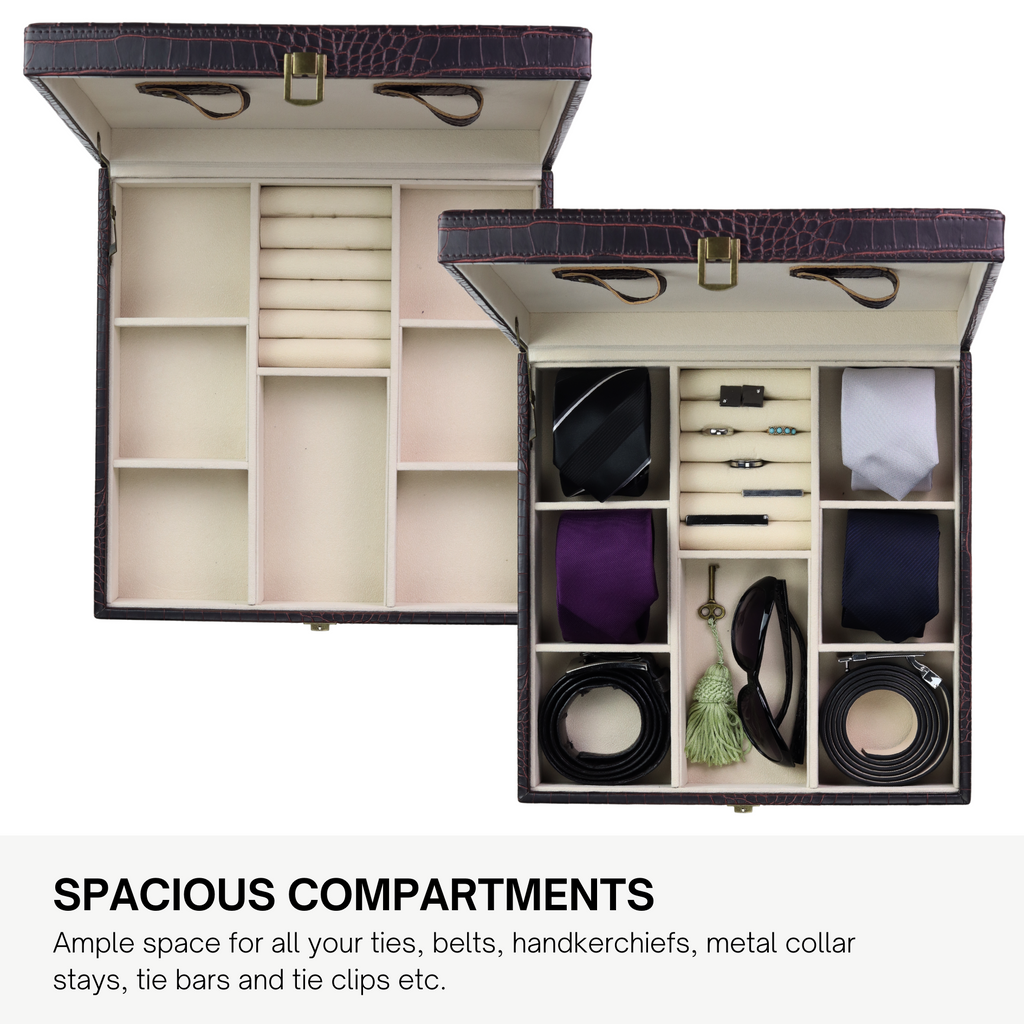 Decorebay Handcrafted Crocodile Leather Tie Box and Cufflink Storage Box for Men – Seal Brown