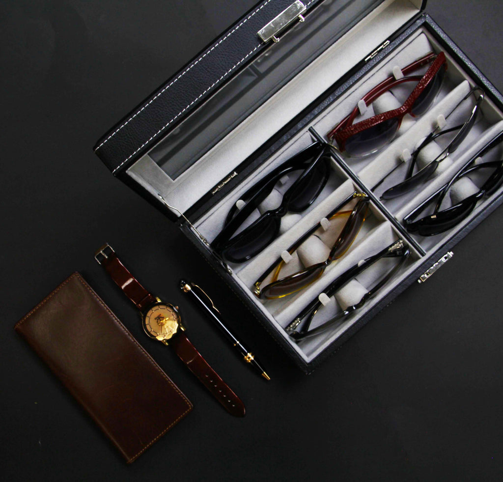 Decorebay Men`s PU black Leather Watch & Sunglasses Organizer with sunglasses, smartphones and accessories