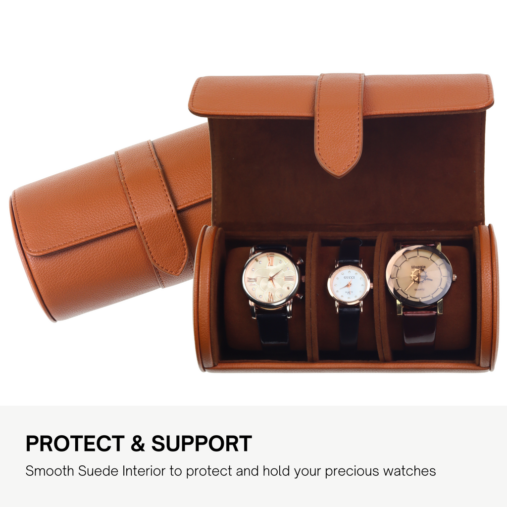 Decorebay Round Faux Leather Travel Watch Roll Case & Storage Organizer (Cinnamon)