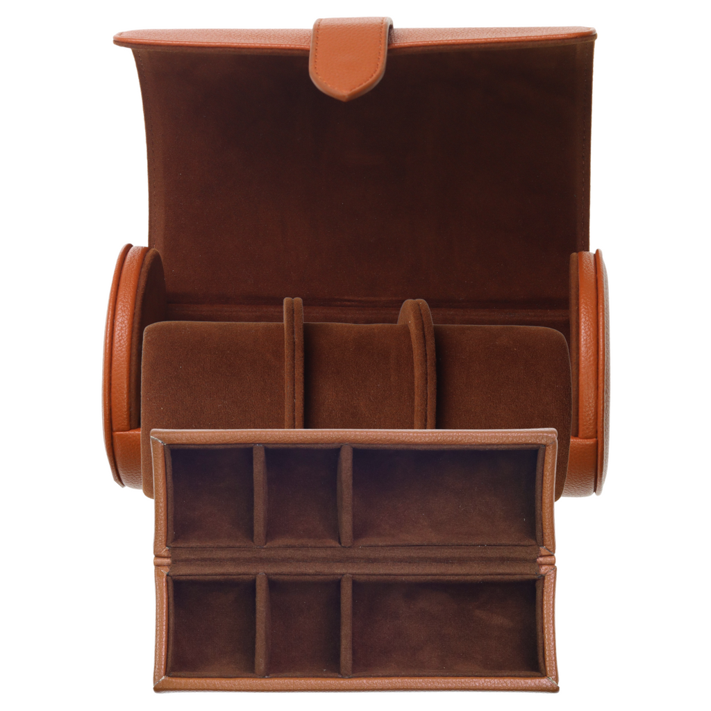 Decorebay Round Faux Leather Travel Watch Roll Case & Storage Organizer (Cinnamon)