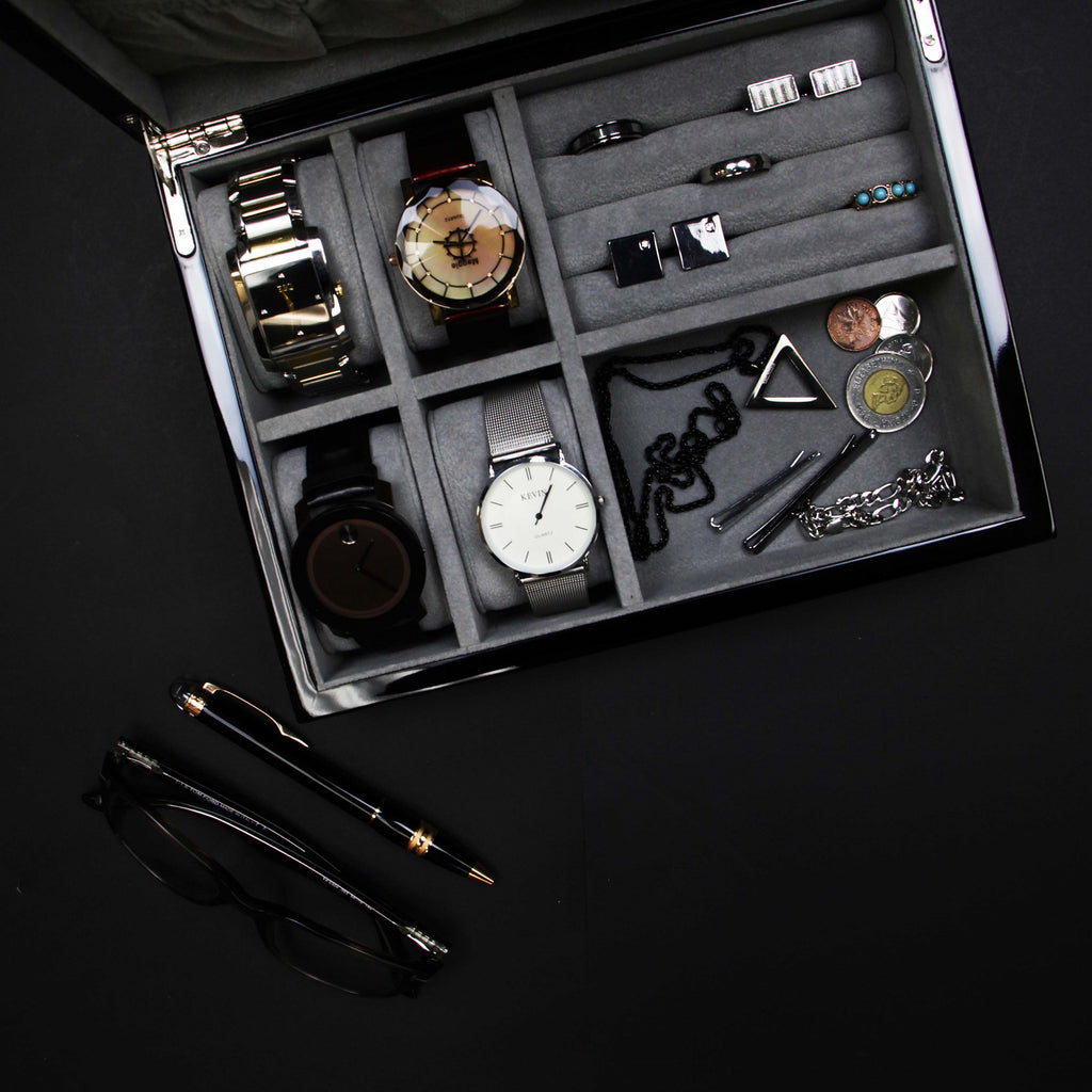 Decorebay Wenge Black executive watch and jewelry storage organizer with watches and sunglasess