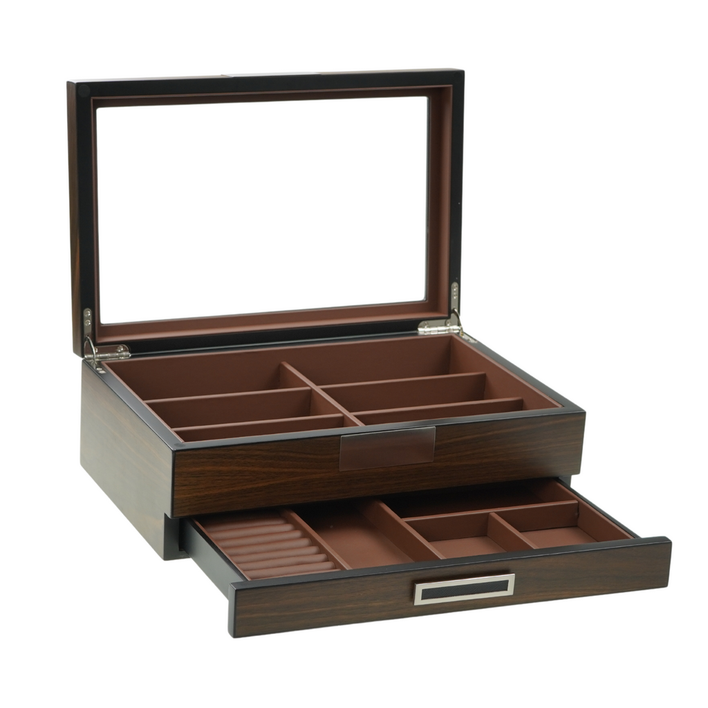 Decorebay Wooden Sunglasses Jewelry Box with Saddle Brown Leather Cof