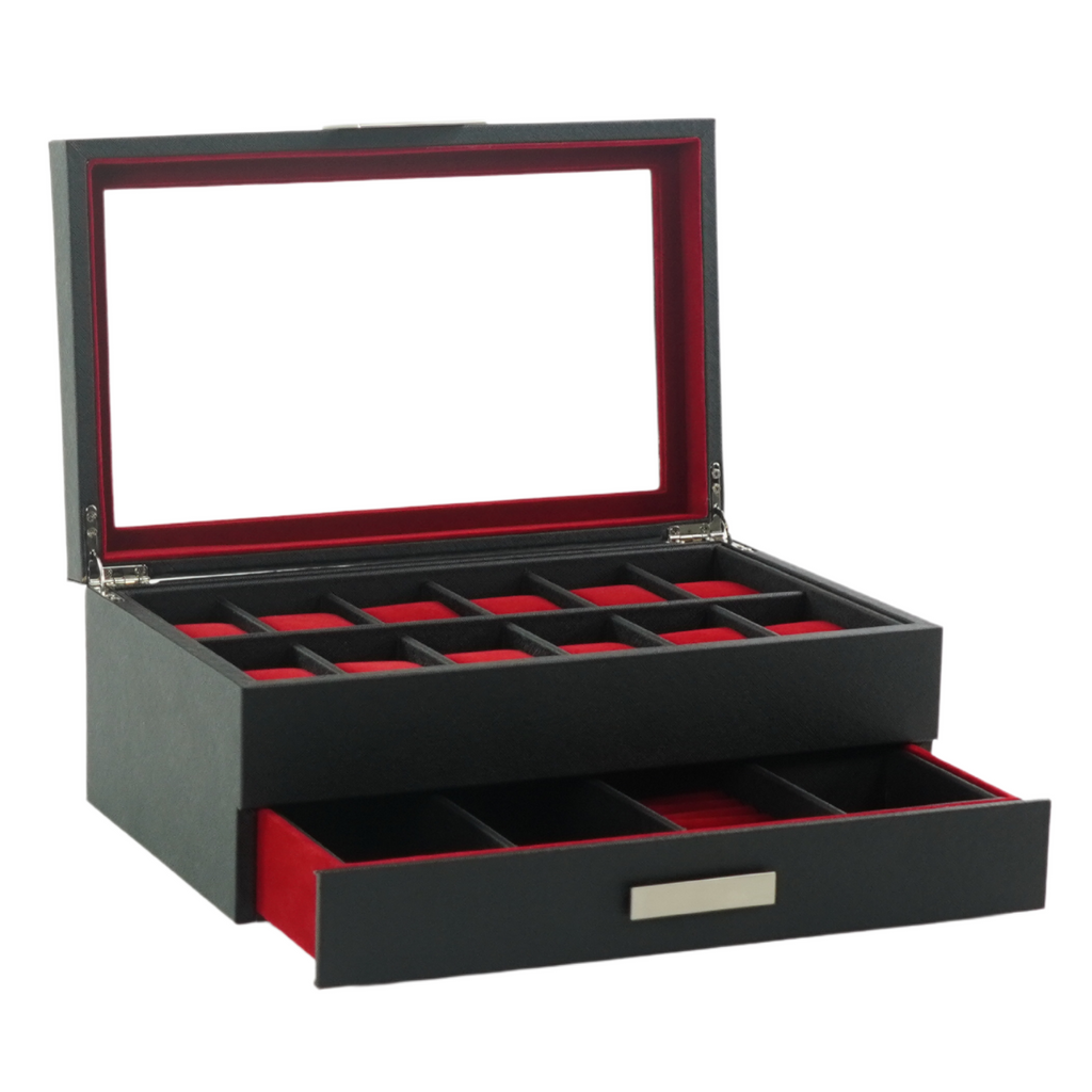 Decorebay 12 Watches, Sunglasses and Multi-Purpose Black and Red Leather Jewelry Box (My Darling)