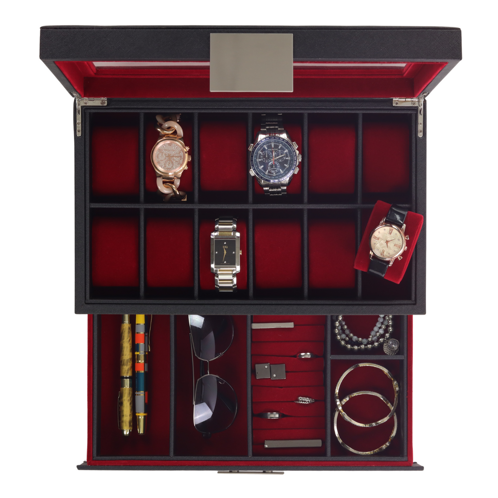Decorebay 12 Watches, Sunglasses and Multi-Purpose Black and Red Leather Jewelry Box (My Darling)