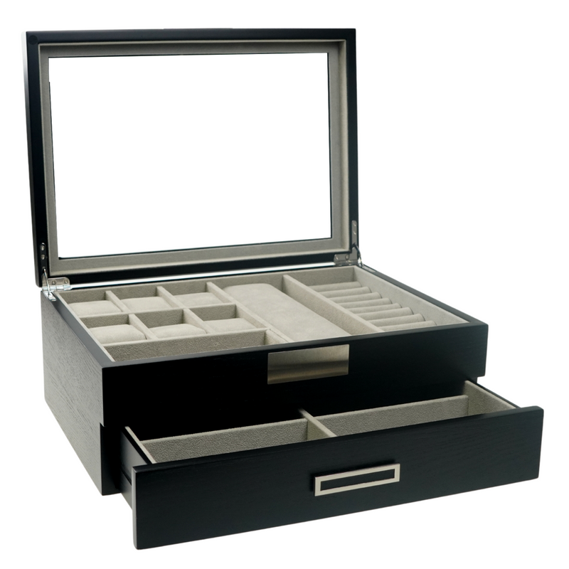 Ikkle Wood Jewelry Box for Male, Luxury Glass Top Men's Jewelry Organizer 