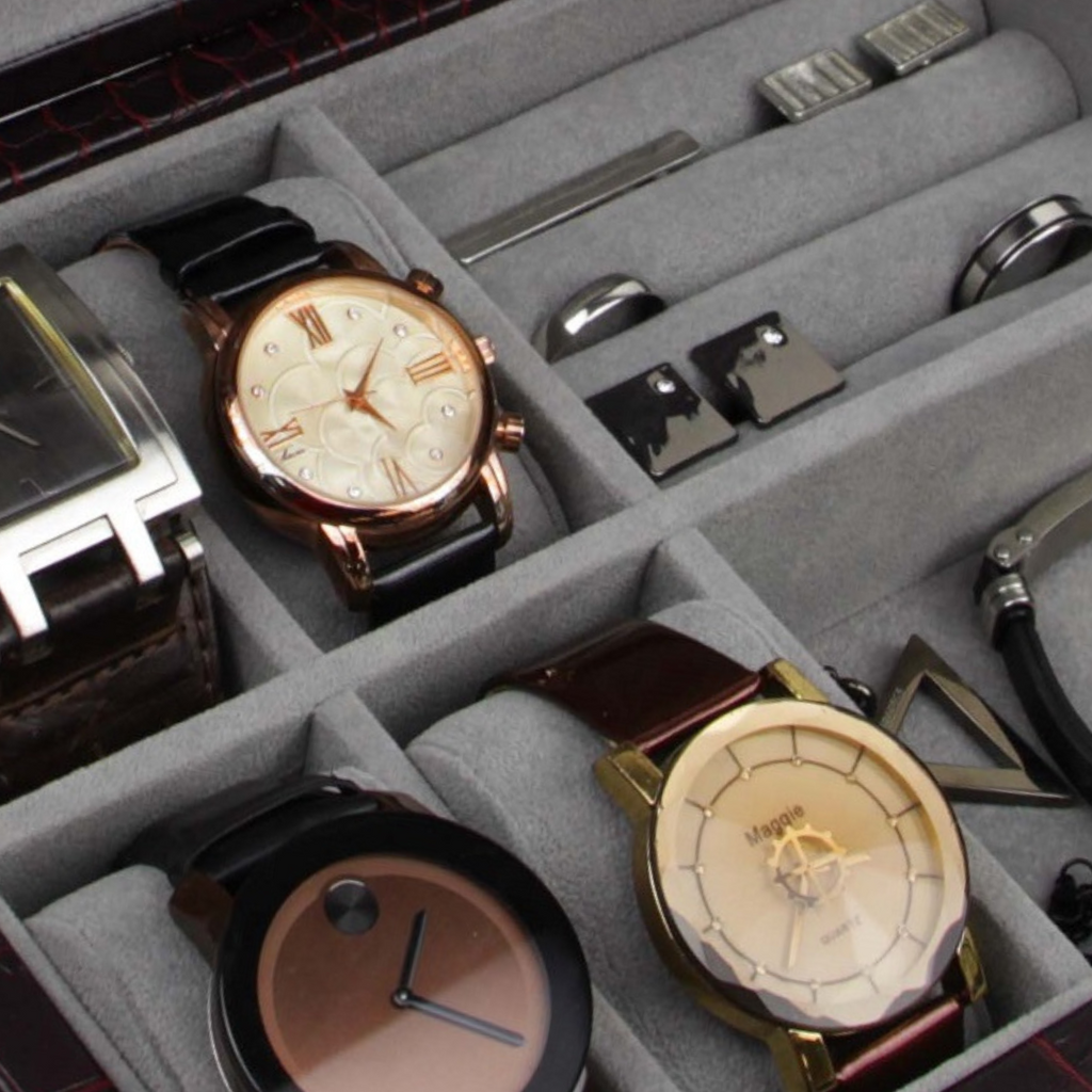 Decorebay Executive PU Crocodile Leather Watch Box, Cufflink, Ring Storage Jewelry Box Organizer for Men (Seal Brown)